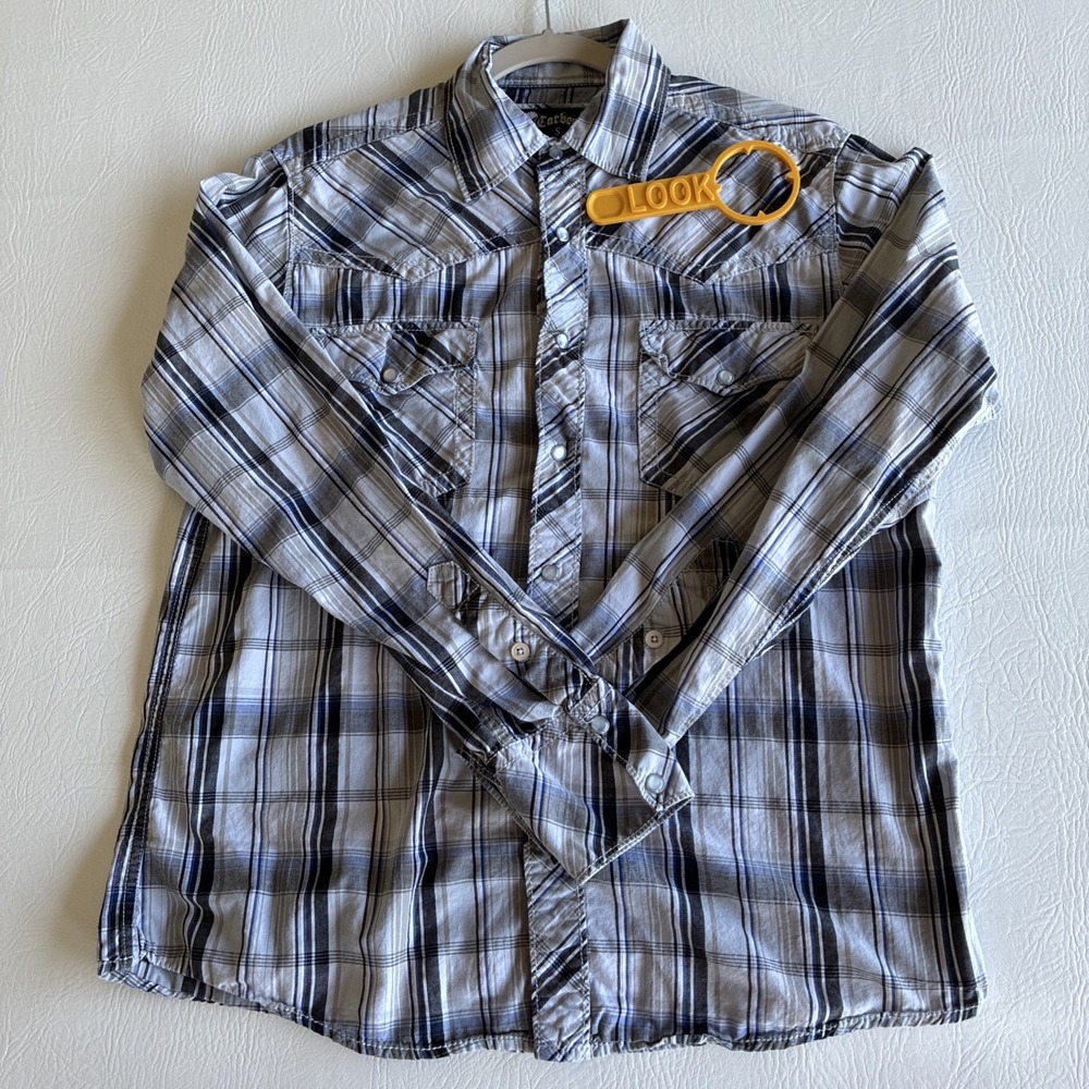 Men's Sz S Shirt Carbon Rockabilly Blue Black Gray Pearl Snap Pockets Plaid Read